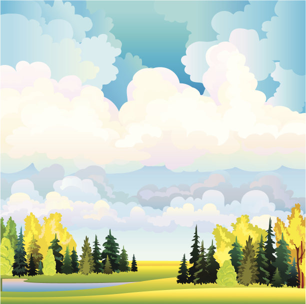 秋天的风景有云，树木和草地图片下载