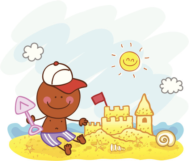 快乐晒黑的男孩在海滩玩卡通插图图片下载
