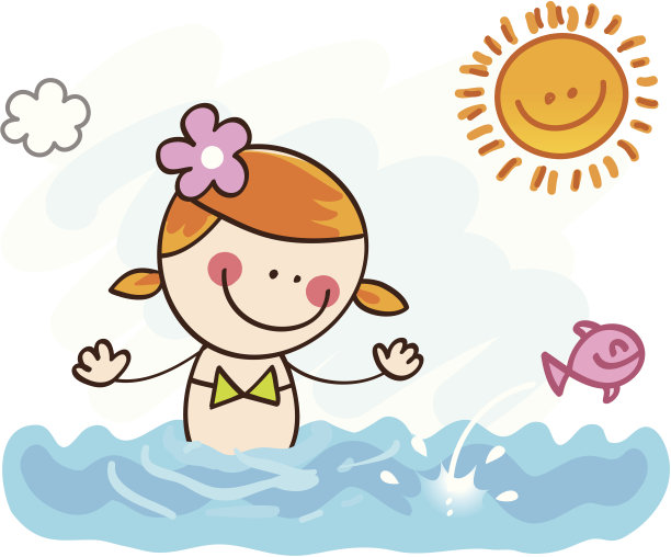 快乐的暑假女孩游泳在海洋卡通插图图片下载