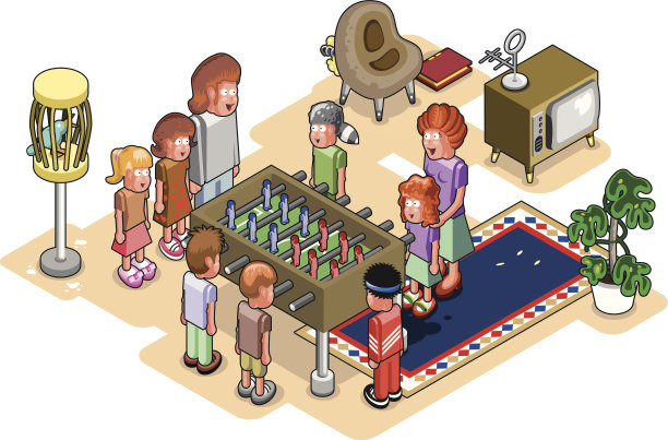 家庭在客厅玩桌上足球(矢量)图片下载