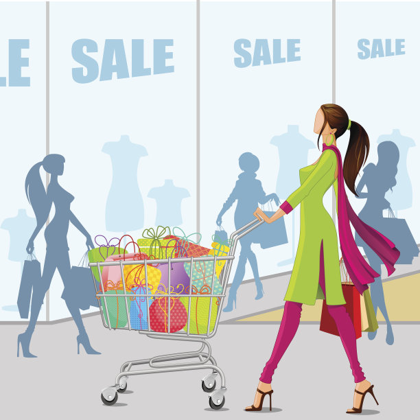 卡通的购物女士与购物车满购物图片下载