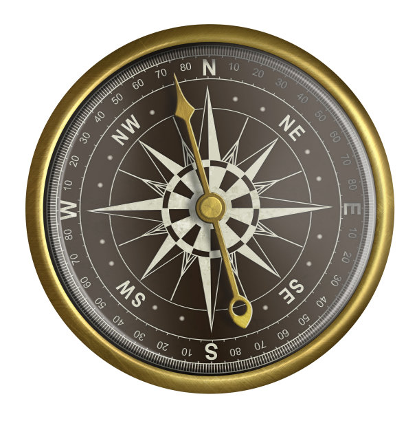 古老的金色罗盘与黑暗的面孔孤立在白色图片下载