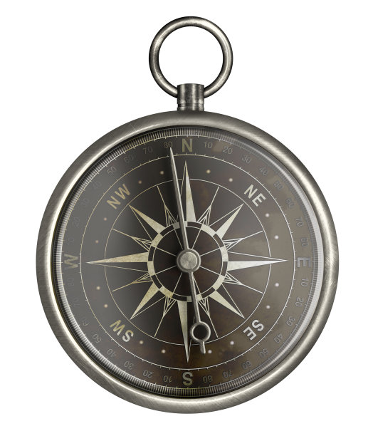 古色古香的金属指南针，黑面孤立在白色上图片下载
