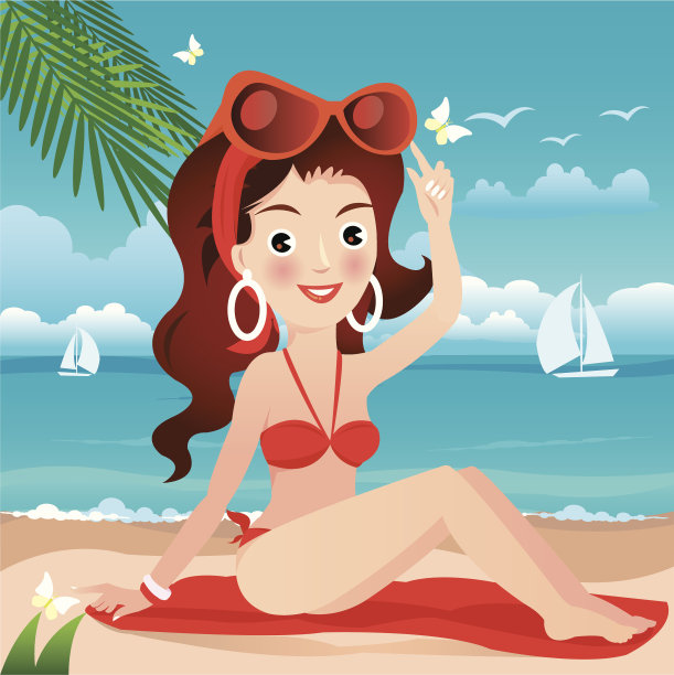 时尚的年轻女子在海滩上放松。素材图片