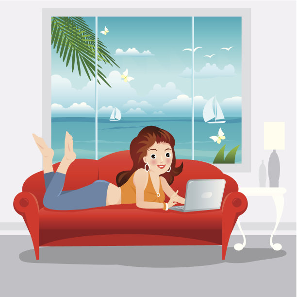 女孩躺在沙发上，拿着笔记本电脑素材图片