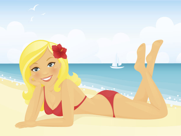 快乐的金发女孩在海滩度假图片下载