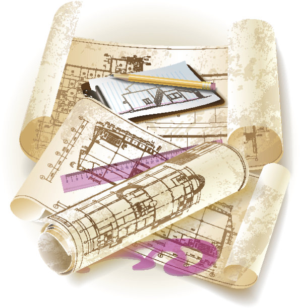 垃圾建筑背景与图纸卷图片下载