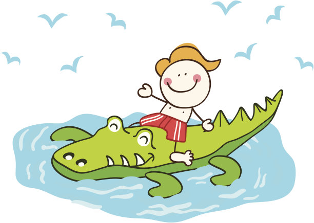 男孩在海边游泳在暑假卡通插图图片下载