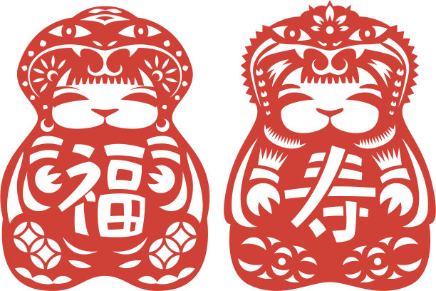 一对戴着红色剪纸蛇帽的娃娃素材图片