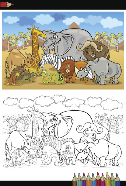 狩猎野生动物漫画着色书图片下载