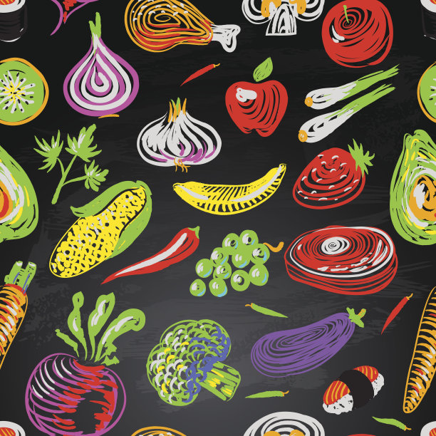 无缝模式与蔬菜和水果在黑色的背景图片下载
