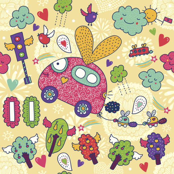 会飞的汽车和阳光明媚的快乐日子。图片下载