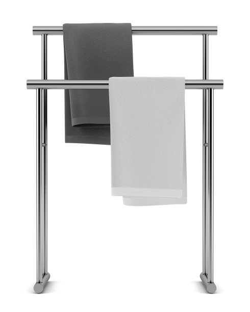 两条毛巾放在站立衣架上，孤立白色背景图片下载