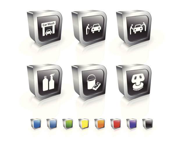 洗车3D矢量图标设置与金属圈图片下载