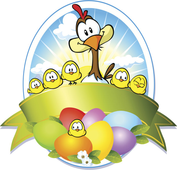 复活节的标签上有五颜六色的鸡蛋、小鸡和母鸡图片下载