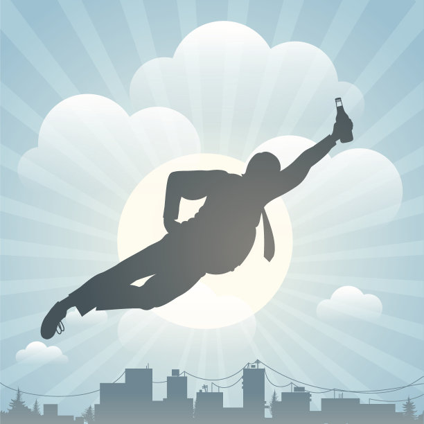 在城市上空飞翔的那个人的剪影图片下载