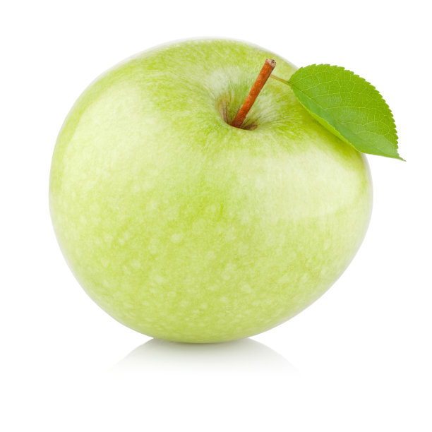 一个绿色的苹果，叶子孤立在白色的背景上图片下载
