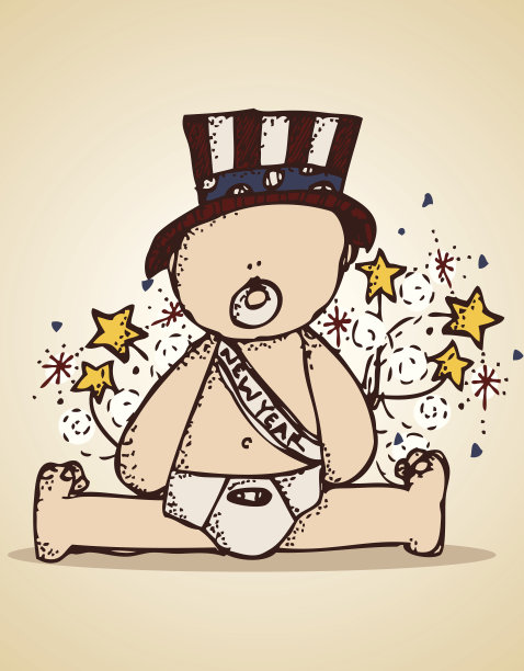 新年宝贝戴着礼帽，上面放着烟花和星星图片下载