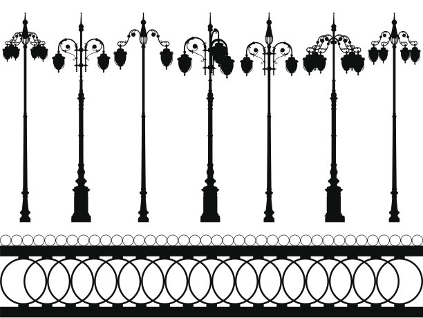 灯柱和围栏矢量装饰元素图片下载