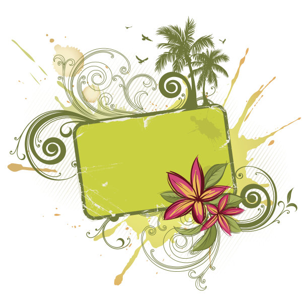 框架与热带花卉和棕榈树图片下载