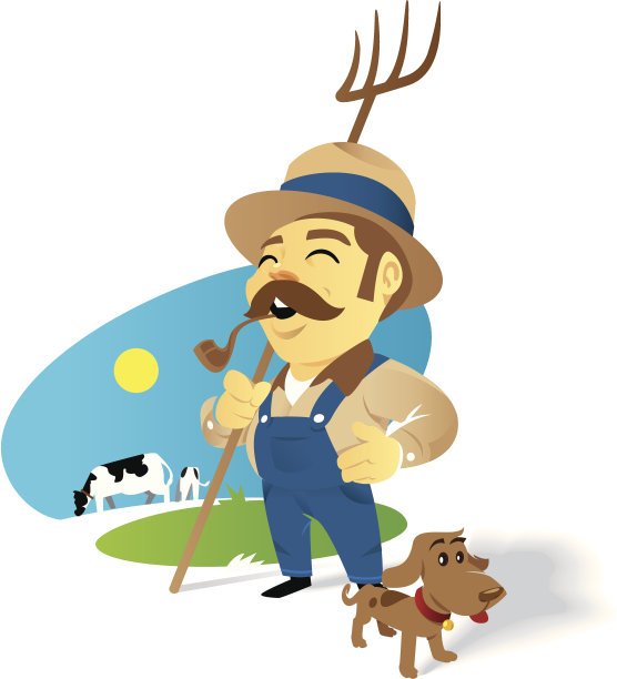 快乐的农民微笑着他的狗和牛牛图片下载