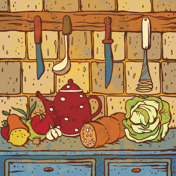 厨房桌子上的食物和器具的插图图片下载