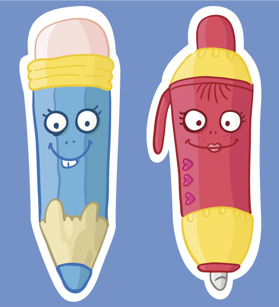 有趣的钢笔和铅笔字符。图片下载