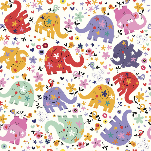 可爱的大象，鸟和花图案图片下载