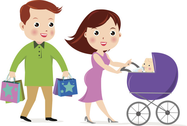 女人推着婴儿车买婴儿用品，男人。图片下载