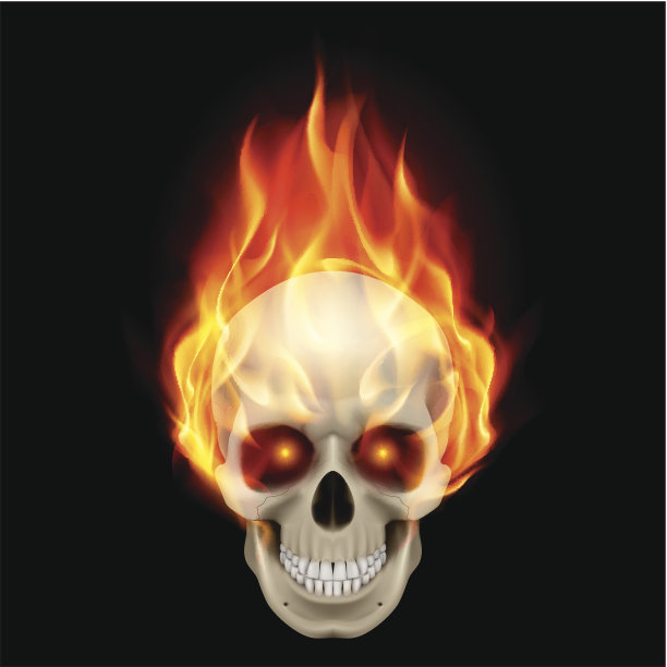 在炽热的火焰中燃烧着头骨。图片下载