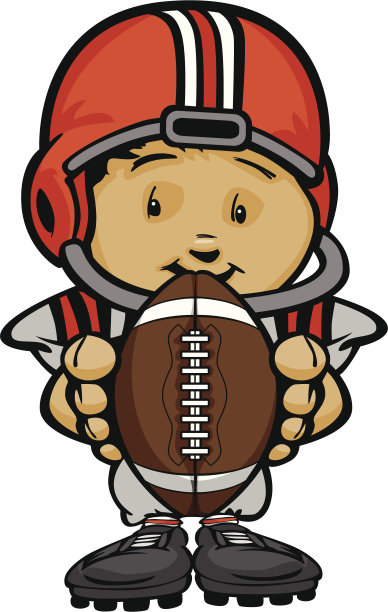 微笑的足球孩子与头盔拿球矢量卡通插图图片下载