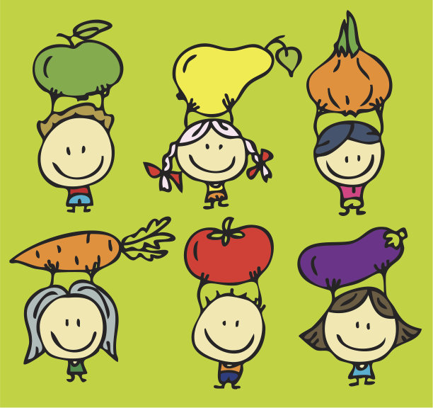 六个孩子拿着水果和蔬菜的卡通图片下载