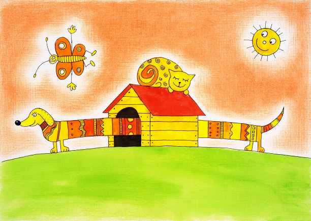 有趣的狗和猫，孩子的画，水彩画在纸上图片下载