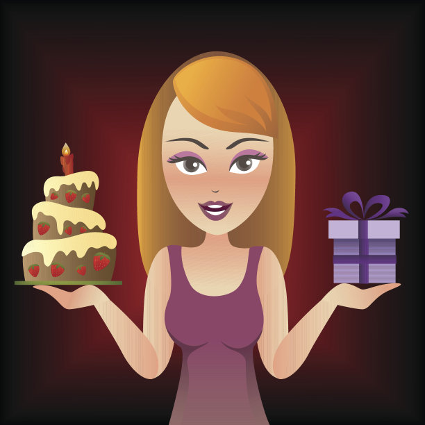 女孩与生日蛋糕和礼物图片下载
