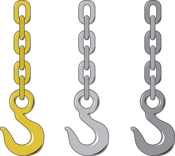 金色、银色和灰色的链子和钩子排成一排图片下载