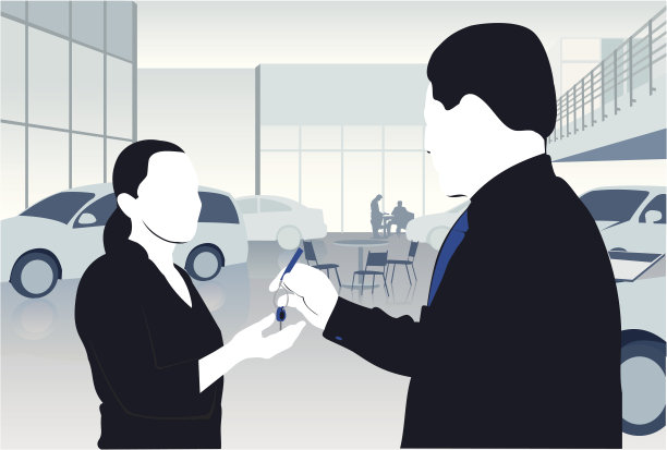 一个汽车销售员把钥匙递给一个女人的插图图片下载