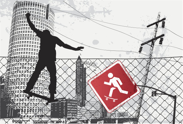 在城市图像的拼贴上一个滑板者的剪影图片下载