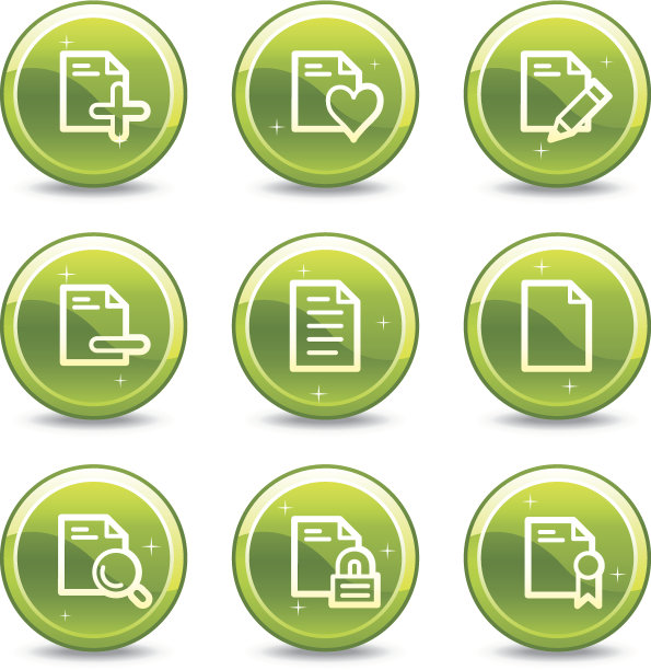 文档网页图标、绿色光滑的圆形按钮系列二套图片下载