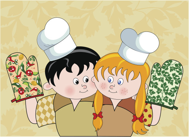 男孩和女孩戴着厨师帽，露出他们的烹饪手套图片下载