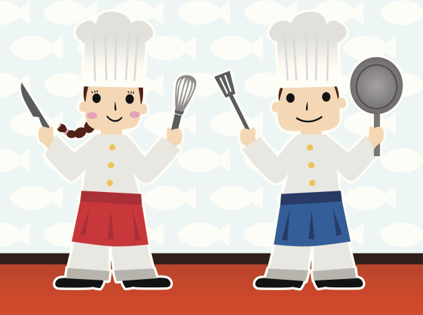 女孩和男孩厨师拿着厨房用具图片下载