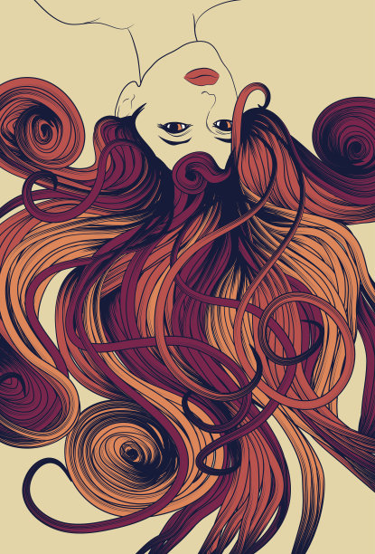 倒挂着的女人的脸，长而细密的头发图片下载