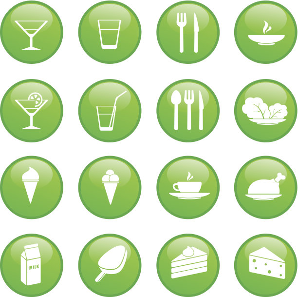 食物和饮料放在绿色按钮上图片下载