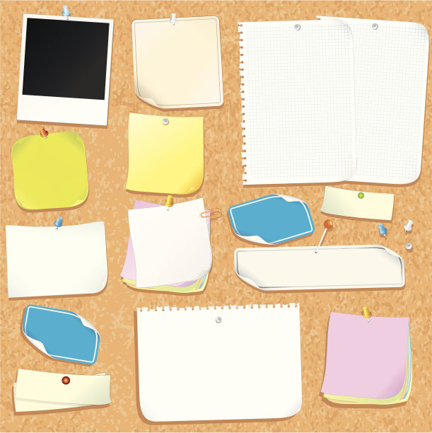 有各种空白贴纸和不干胶便条的办公室软木板。图片下载