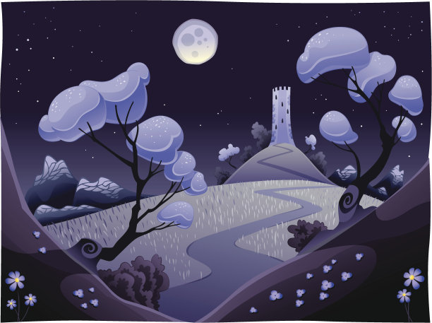 景观与塔在夜晚。图片下载