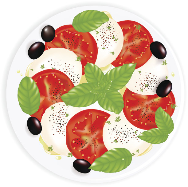卡普里沙拉配马苏里拉奶酪，罗勒，黑橄榄和橄榄油图片下载
