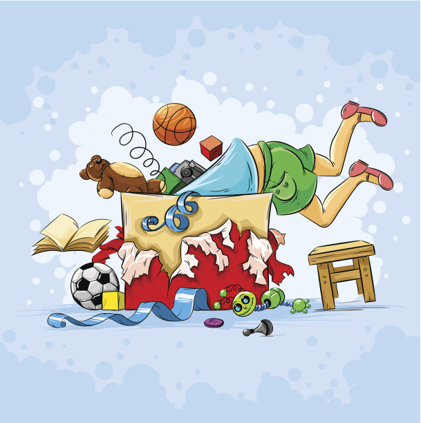 小男孩在装满玩具的盒子里图片下载