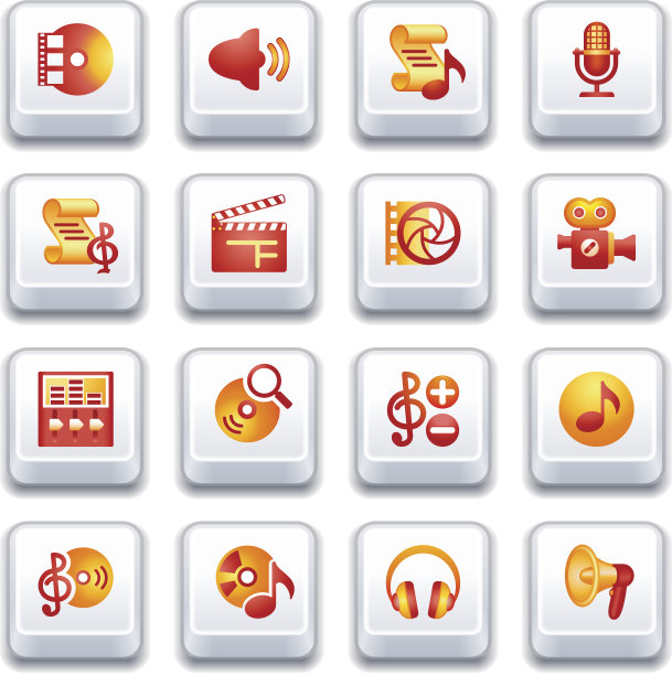 音频视频网页图标。红色和黄色系列。图片下载