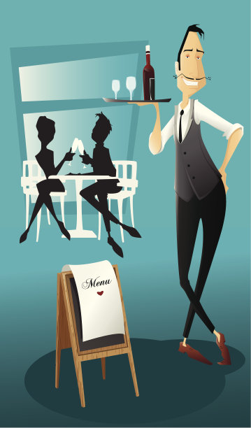 微笑的侍者端着酒。图片下载