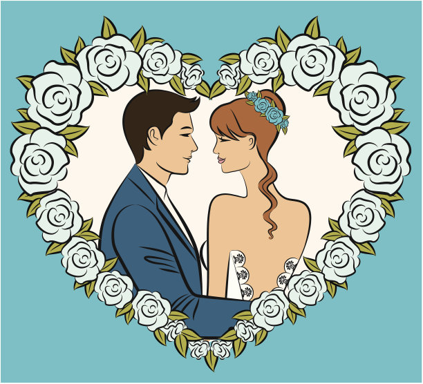 美丽的新娘和新郎的插图在鲜花。向量图片下载