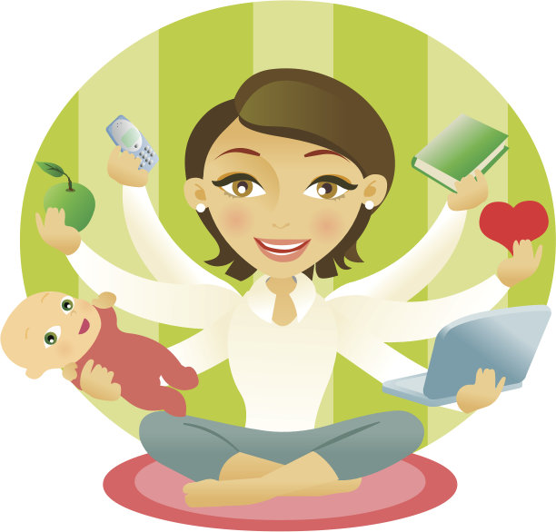 一个女人用六条胳膊同时处理多项任务的卡通插图图片下载